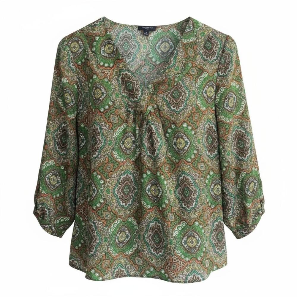 Talbots Petites Size 4P V Neck Blouse Green Orange Floral 3/4 Sleeve Polyester